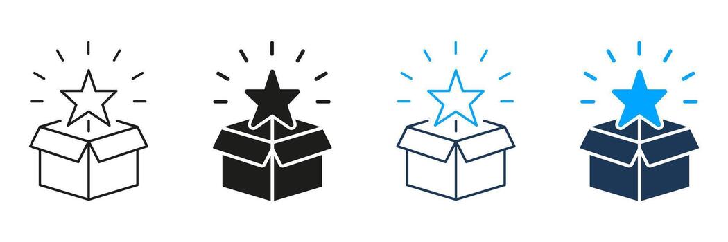 Open Box With Star Line And Solid Icon Set. Unboxing, Surprise, And New Product Launch Symbol Collection. Excitement And Discovery Concept. Isolated Illustration vector