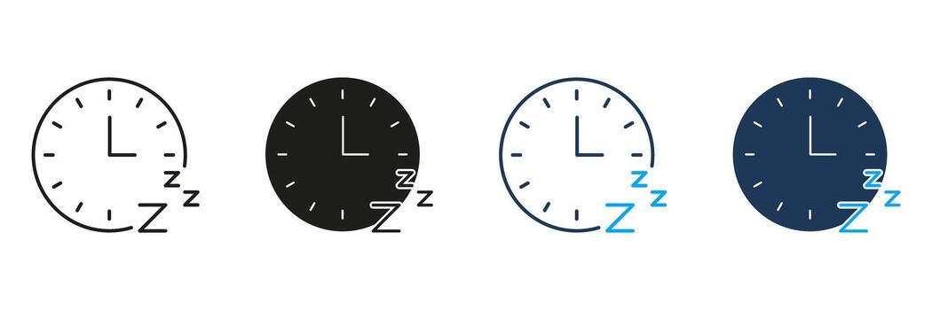 Clock With Sleep Symbol Line And Solid Icon Set. Sleep Schedule, Rest, And Relaxation Time Management Symbol Collection. Bedtime Routine And Sleep Cycle. Isolated Illustration vector