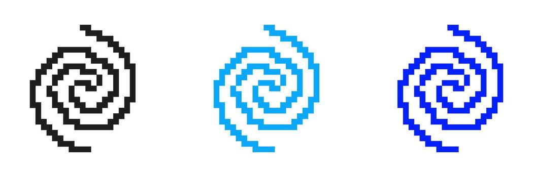 pixelado espiral icono colocar. arremolinándose movimiento símbolo en píxel Arte estilo. retortijón y torneado remolino forma simbolizando dinámica movimienot. aislado ilustración vector