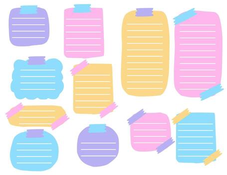 Set of paper notes, stickers notebook, duct, to do list, memo and washi tapes.Colorful sticky notes.Paper sheets for reminders and notes.Graphic.Flat design.Collection of element. vector