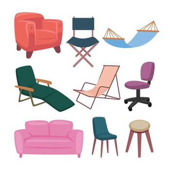 Set of Seat Chairs Isolated Element Objects with Dinning, Stool, Sofa, Armchair, Lounger, Folding and Desk. Flat Style Icon Illustration vector