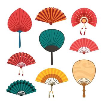 Set of Asian Hand Fan Isolated Element Objects. Chinese Folding Paper. Flat Style Icon Illustration vector