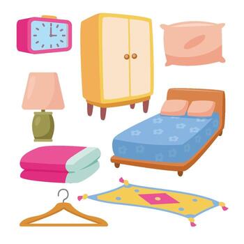 Set of Bedroom Element Objects set collection, with Blanket, Carpet, Hanger, Pillow, Digital Clock, Lamp, and Bed. Sleeping Elements Flat Style Icon Illustration vector