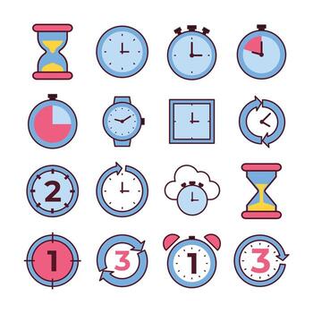 Set of New Year Time Countdown Icon Isolated Illustration with hourglass, stopwatch, clock and cloud, Flat Style Element Objects vector