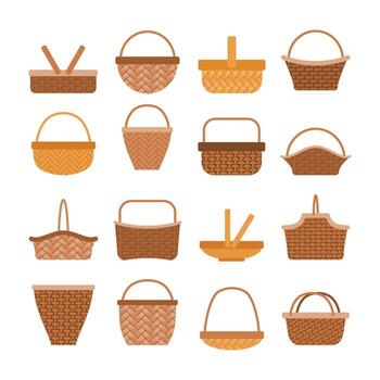 Set of Empty Basket Isolated Element Objects for Camping Vacation Travelling with Wooden handmade handler. Flat Style Icon Illustration. Outdoor Picnic Objects vector