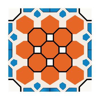Geometric pattern with orange hexagons blue shapes on cream abstract border vector