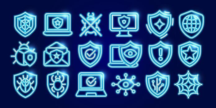 Antivirus cybersecurity neon icon set with bugs, shields, laptops, privacy protection. Perfect for UI design, software, IT security graphic design. Futuristic glowing line logos. illustration vector