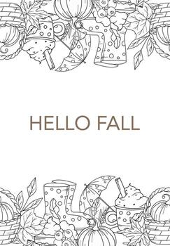 Hello Fall Card. Hello Fall Poster. Horizontal Fall Background. Autumn Line Art Drawing. Fall Botanical garland seamless. Border Frame vector