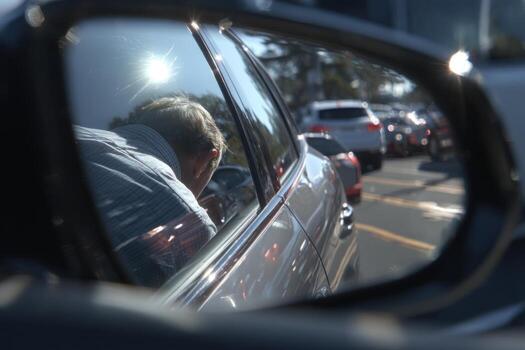 A man is reflected in a car's side mirror photo