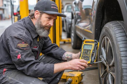 A man with a beard and a cap is using a digital tire pressure gauge photo