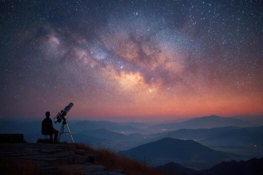 Man looking at the milky with telescope photo