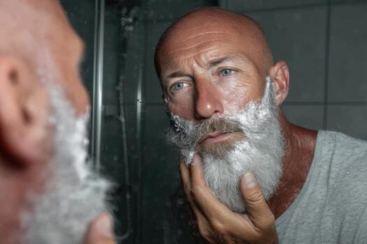 A man with a beard shaving his face in the mirror photo