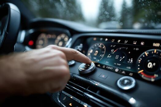 A hand is touching the dashboard of a car photo