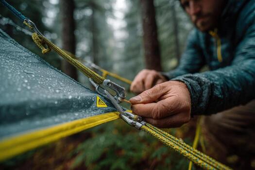 A man is tying a tent to a tree photo