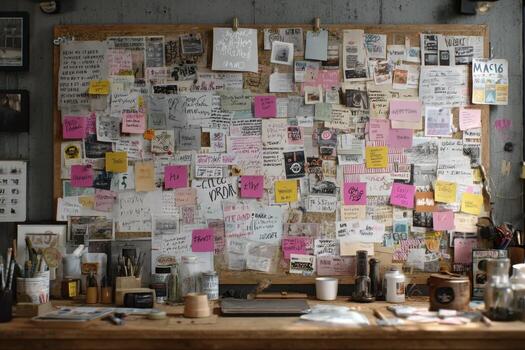 A desk covered in sticky notes and other items photo