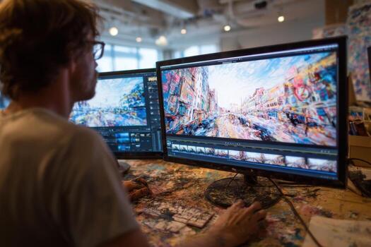 A man is working on two computer screens photo