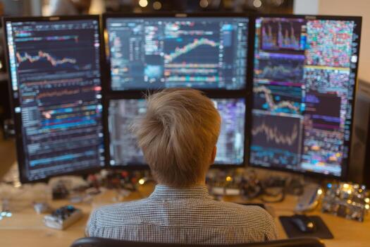 un hombre sentado a un escritorio con múltiple pantallas demostración diferente valores mercado información foto