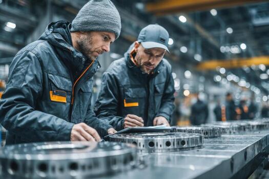 Two men working on a machine in an industrial factory photo