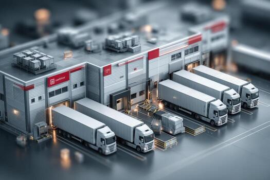 3d rendering of a large warehouse with trucks photo