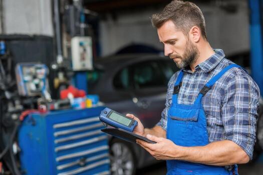 A man in an overalls is holding a tablet in front of a car photo