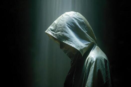 A person in a hooded robe standing in the dark photo