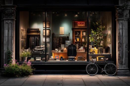 A bicycle is parked outside of a store window photo