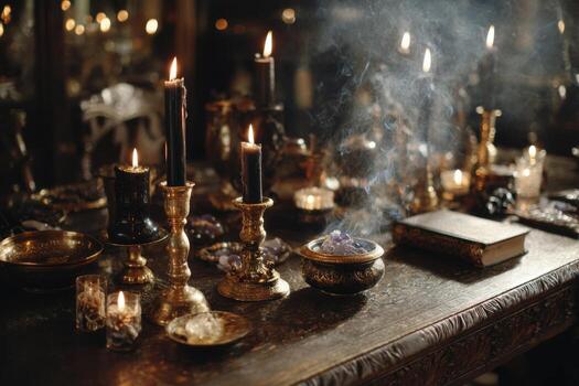 Candles and incense are on a table in a dark room photo