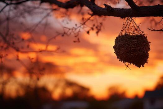 A bird's nest hanging from a tree at sunset photo