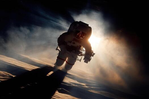 An astronaut walking on the moon with the sun shining photo