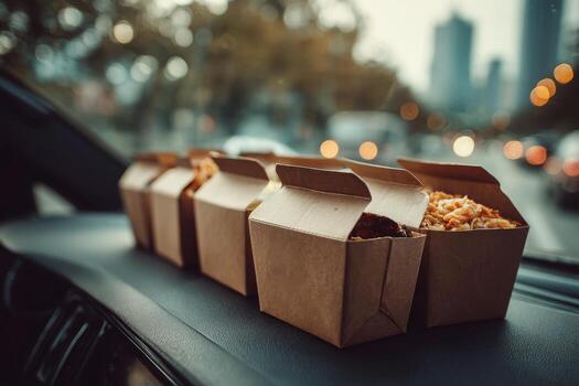Three boxes of food sitting on the dashboard of a car photo