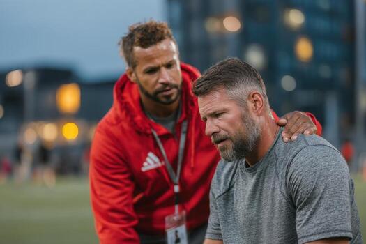 A man with a beard and a red shirt is talking to another man photo