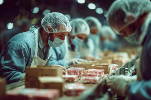 Workers in protective gear working on boxes in a factory photo