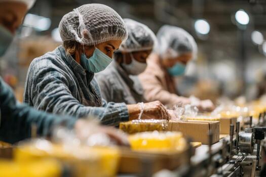 Workers in protective gear working on food in a factory photo