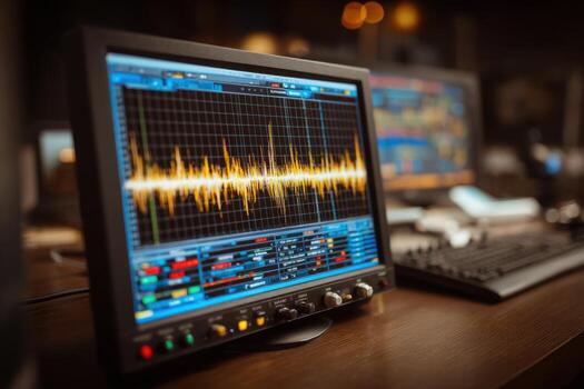 A computer monitor with a sound wave on it photo