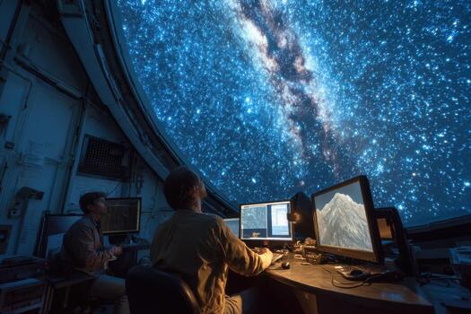 Two people sitting at computers in front of a large starry sky photo