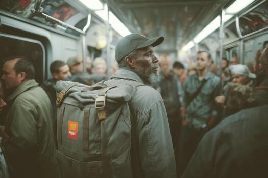 A man with a backpack on a subway train photo