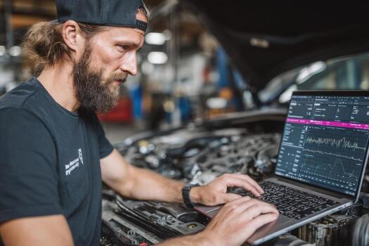 A man with a beard and a hat is working on a laptop photo