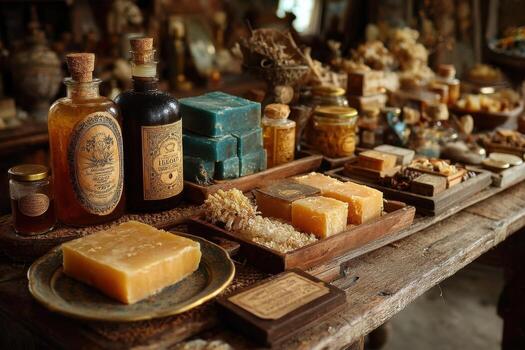 A table with various types of soap and bottles photo