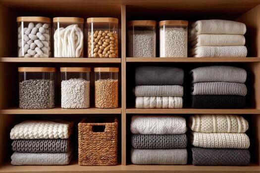 A shelf filled with knitted items and towels photo