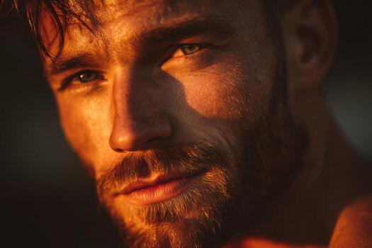 A man with a beard and a tan is looking at the camera photo