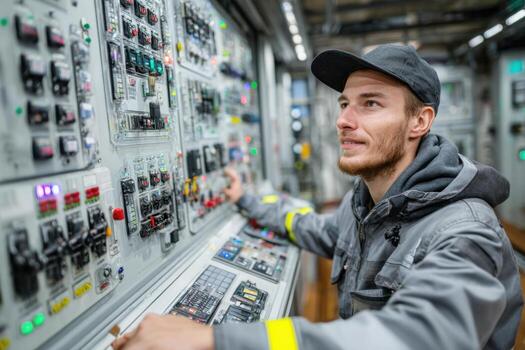 A man in a gray jacket and hat is working on a control panel photo