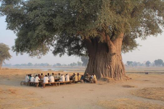 A group of people sitting around a table under a large tree photo