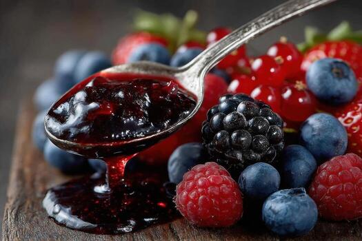 A spoonful of raspberry jam on a wooden table photo