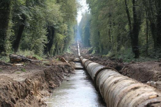 A pipeline is shown in the middle of a forest photo