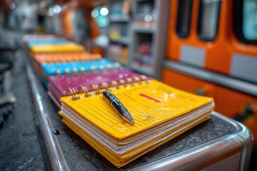 A stack of notebooks and a pen on a table photo