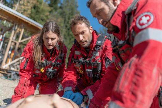 Three people in red uniforms are working on a mannequin photo