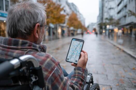 A man in a wheelchair using a map on his phone photo