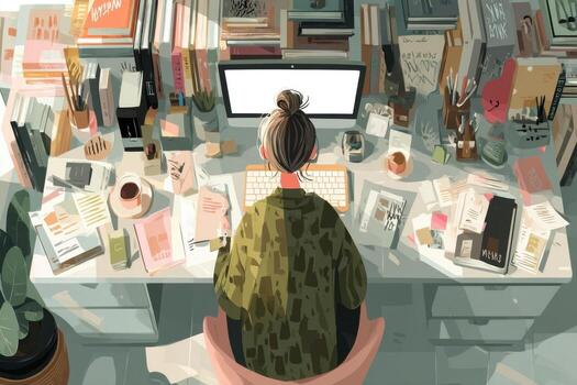 A woman sitting at a desk with a computer and books photo