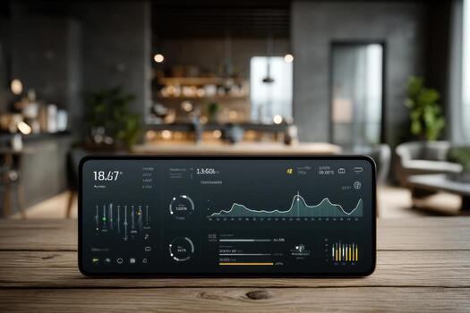 Smartphone with home automation app on table photo