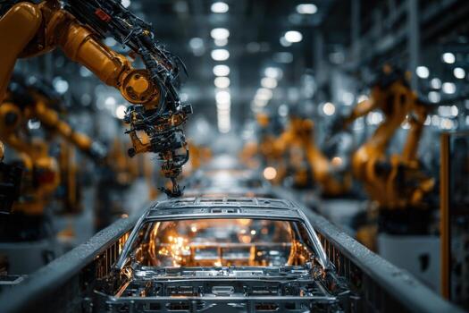 Robots working on a car in an assembly line photo
